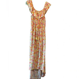 Kingston Grey floral hi/low dress. Pink and orange floral on a yellow background